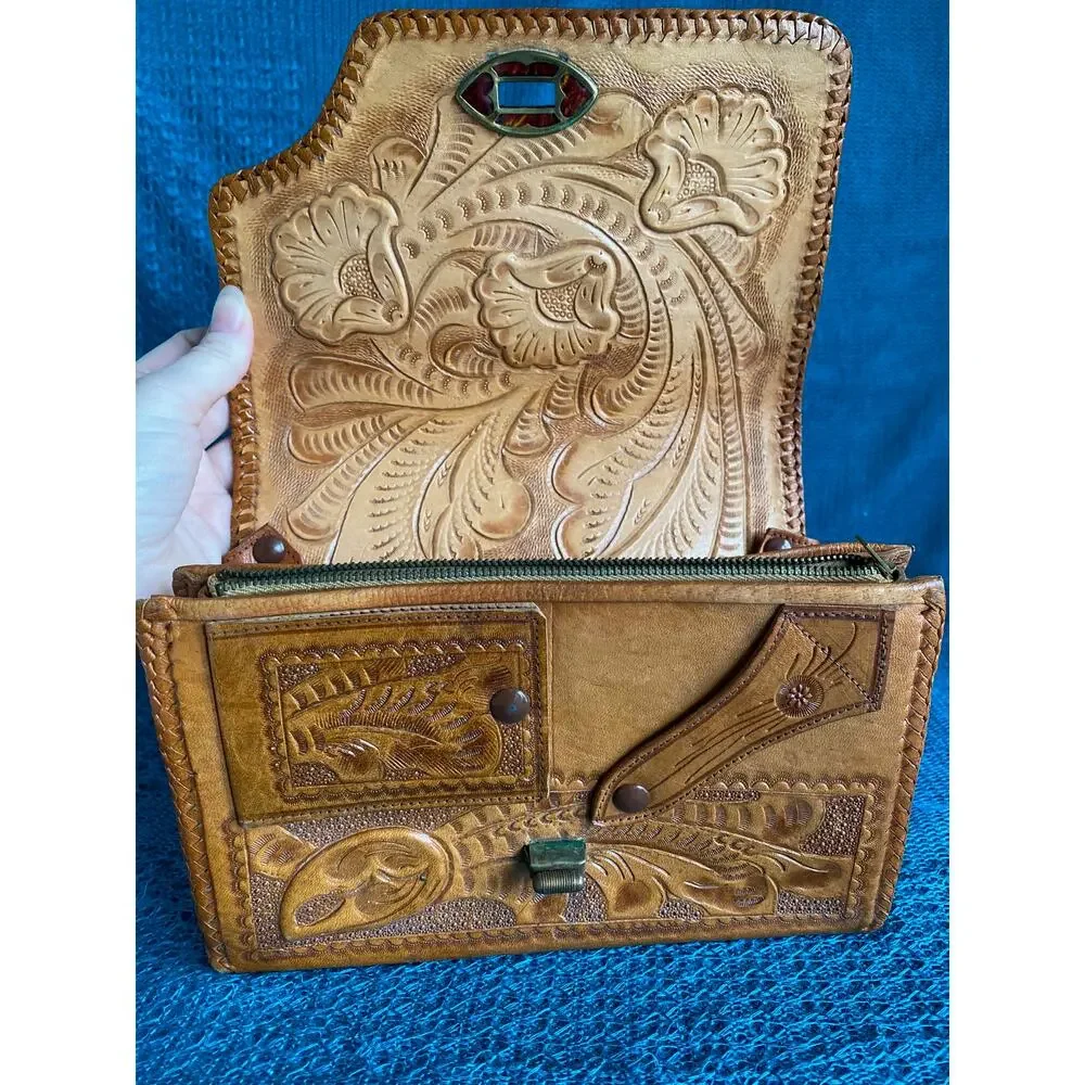 Vintage leather purse reversible hand tooled - Picture 2 of 9